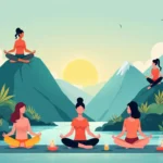 A serene illustration showcasing 10 distinct meditation techniques, each represented by a person in different meditative poses and surroundings: one medita