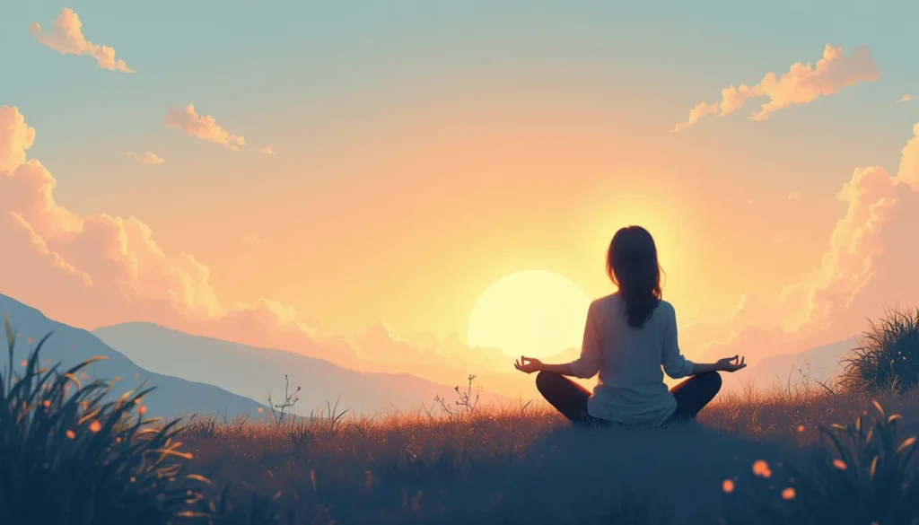 A peaceful, serene setting featuring a person sitting in a lotus position on a grassy hilltop during sunrise, with soft, golden light illuminating their re