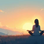 A peaceful, serene setting featuring a person sitting in a lotus position on a grassy hilltop during sunrise, with soft, golden light illuminating their re