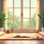 Create an image of a serene and tranquil meditation space, perfect for beginners on their meditation journey. The setting should be indoors with soft natur