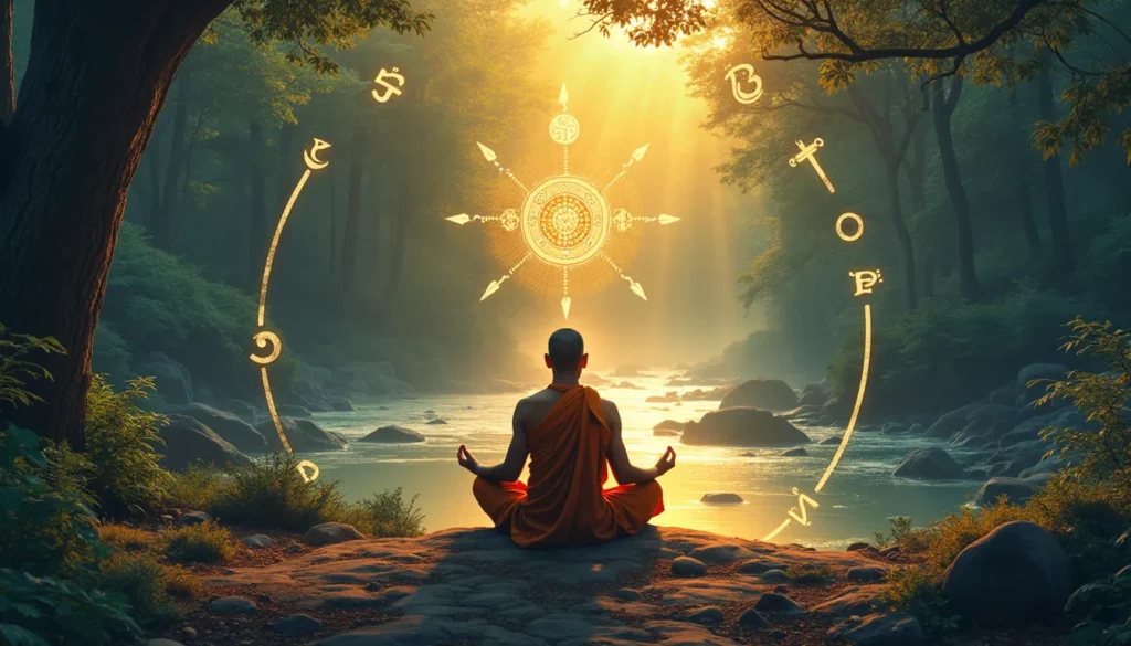 A serene monk sitting in a tranquil forest, surrounded by a soft golden light, meditating in the lotus position. Ancient, mystical symbols faintly glow aro