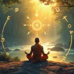 A serene monk sitting in a tranquil forest, surrounded by a soft golden light, meditating in the lotus position. Ancient, mystical symbols faintly glow aro