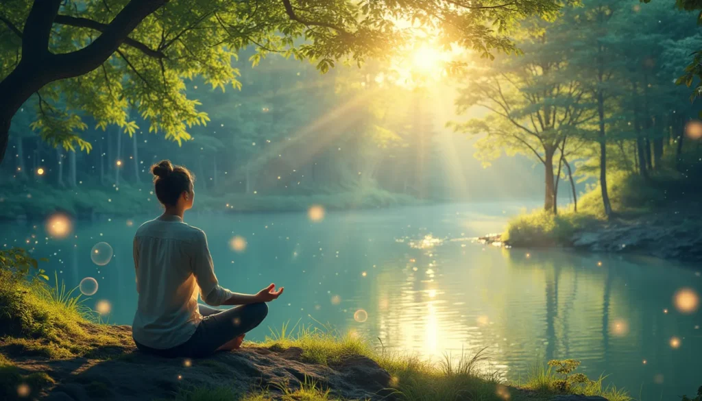 A serene scene of a person meditating in a peaceful natural environment, such as a lush forest or by a tranquil lake, with gentle rays of sunlight streamin