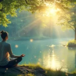 A serene scene of a person meditating in a peaceful natural environment, such as a lush forest or by a tranquil lake, with gentle rays of sunlight streamin