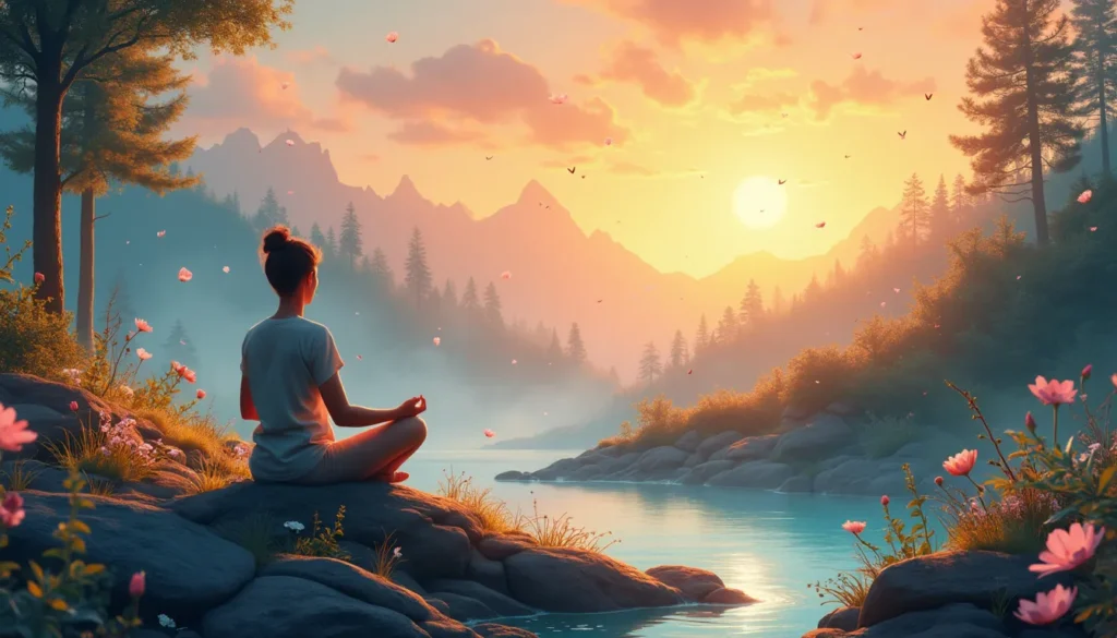 Create an image featuring a serene, natural landscape with a person meditating at sunrise. The individual is surrounded by soft, ethereal glows and subtle