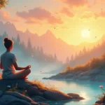 Create an image featuring a serene, natural landscape with a person meditating at sunrise. The individual is surrounded by soft, ethereal glows and subtle