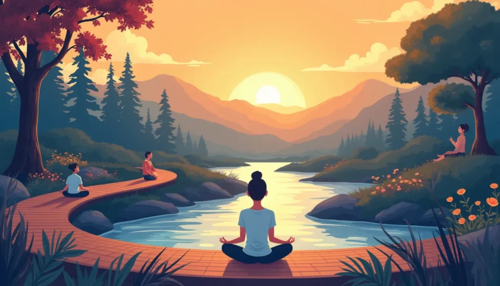 A serene scene featuring various individuals practicing different forms of meditation in a peaceful outdoor setting. The backdrop includes a combination of