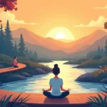 A serene scene featuring various individuals practicing different forms of meditation in a peaceful outdoor setting. The backdrop includes a combination of