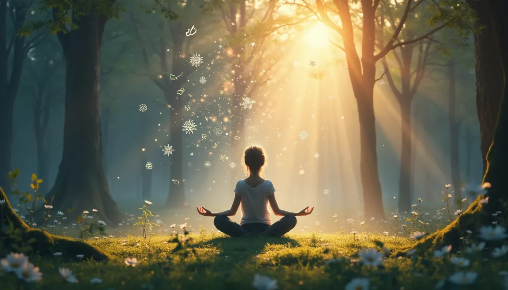 A serene meditation scene set in a tranquil forest, with a person sitting in a lotus position on a soft mossy ground, surrounded by an ethereal glow. Intri