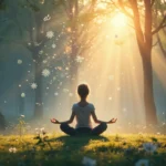 A serene meditation scene set in a tranquil forest, with a person sitting in a lotus position on a soft mossy ground, surrounded by an ethereal glow. Intri