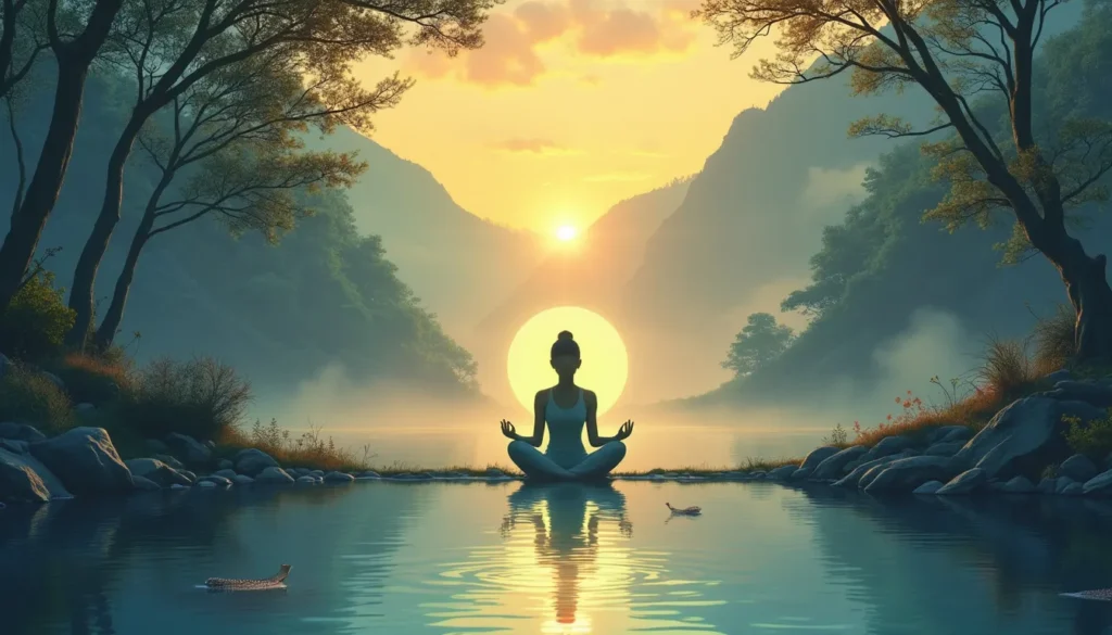 A serene individual sitting in a lotus position amidst a tranquil, natural setting, such as a lush forest or beside a calm lake. Soft, ethereal light surro