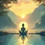 A serene individual sitting in a lotus position amidst a tranquil, natural setting, such as a lush forest or beside a calm lake. Soft, ethereal light surro