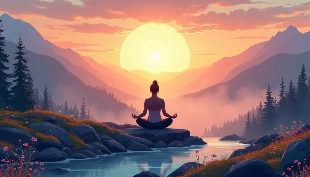 A serene landscape with a person meditating in the lotus position on a mountain peak during sunrise. The individual is surrounded by a soft, ethereal glow,