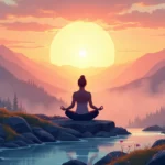 A serene landscape with a person meditating in the lotus position on a mountain peak during sunrise. The individual is surrounded by a soft, ethereal glow,