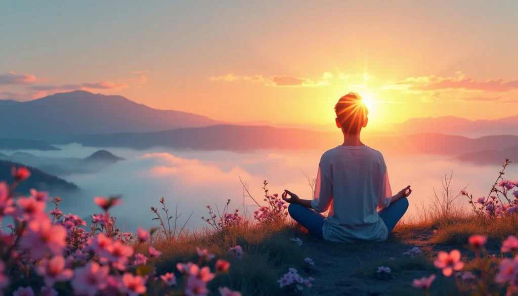 A serene scene of a person sitting cross-legged on a hilltop at sunrise, wearing simple, comfortable clothing. They are deep in meditation, surrounded by a