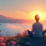 A serene scene of a person sitting cross-legged on a hilltop at sunrise, wearing simple, comfortable clothing. They are deep in meditation, surrounded by a