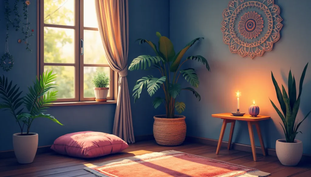 A serene and cozy corner of a room that is elegantly decorated for daily meditation. It features a soft floor cushion, a small table with a lit candle and