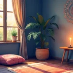 A serene and cozy corner of a room that is elegantly decorated for daily meditation. It features a soft floor cushion, a small table with a lit candle and