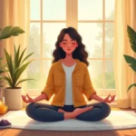 A serene home meditation space with soft, natural lighting, featuring a comfortable cushion on the floor, surrounded by relaxing elements such as candles,