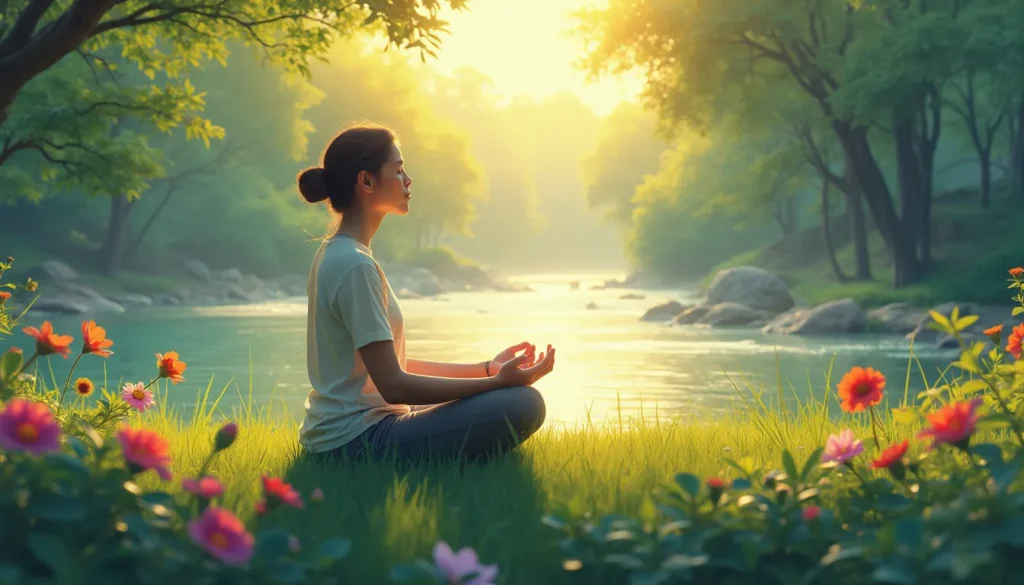 A serene scene of a person meditating in a tranquil natural setting, surrounded by soft, glowing light with gentle rays of sunshine and dappled shadows fro