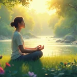 A serene scene of a person meditating in a tranquil natural setting, surrounded by soft, glowing light with gentle rays of sunshine and dappled shadows fro