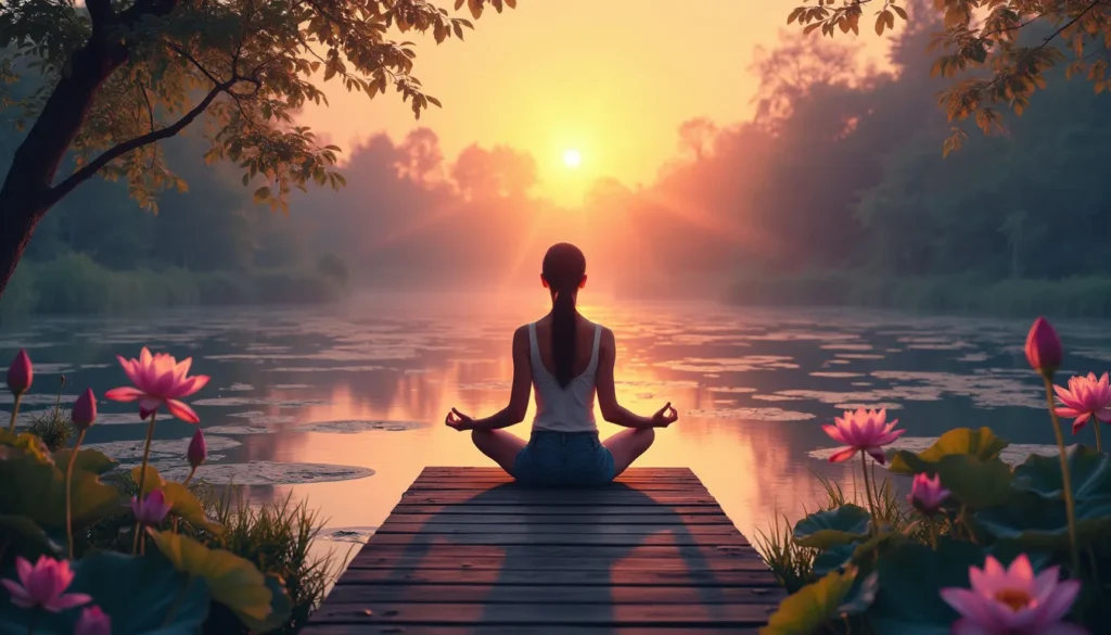 A serene scene of a person meditating in a lotus position on a wooden platform by a tranquil lake during sunset. Surrounding the person are harmonious natu