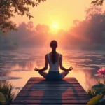 A serene scene of a person meditating in a lotus position on a wooden platform by a tranquil lake during sunset. Surrounding the person are harmonious natu