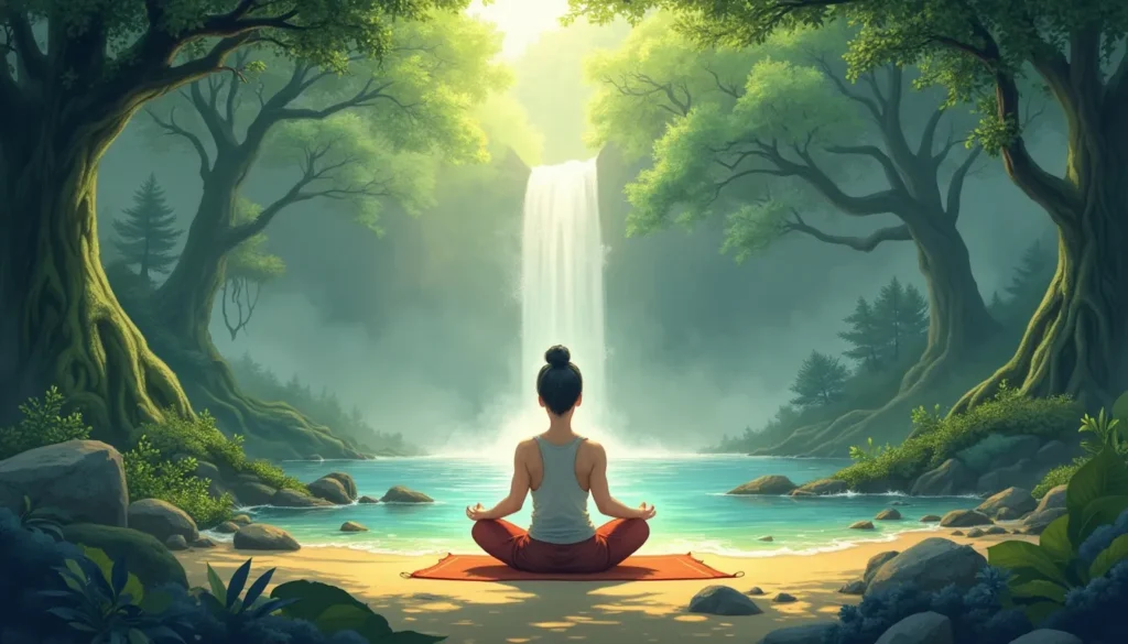 A serene, peaceful setting with a person sitting cross-legged on a cushion, eyes closed, engaging in guided meditation. Soft, ethereal light surrounds them