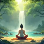 A serene, peaceful setting with a person sitting cross-legged on a cushion, eyes closed, engaging in guided meditation. Soft, ethereal light surrounds them