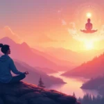 A serene meditation scene with a person sitting cross-legged on a mountain peak at sunrise, eyes closed, surrounded by a soft, glowing aura. The sky is a g