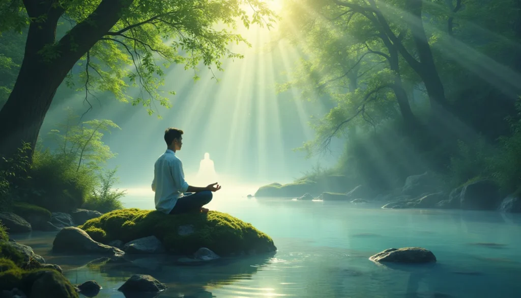 A serene, natural setting featuring a person sitting cross-legged in meditation on a moss-covered rock by a tranquil river. Soft rays of sunlight filter th