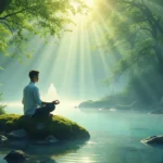 A serene, natural setting featuring a person sitting cross-legged in meditation on a moss-covered rock by a tranquil river. Soft rays of sunlight filter th