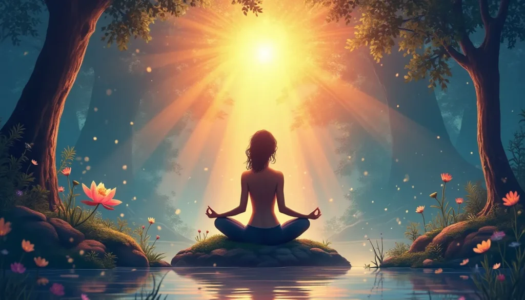 A serene meditation scene set in a tranquil forest at sunrise, featuring a person sitting cross-legged on a mossy rock, surrounded by ethereal, glowing lig