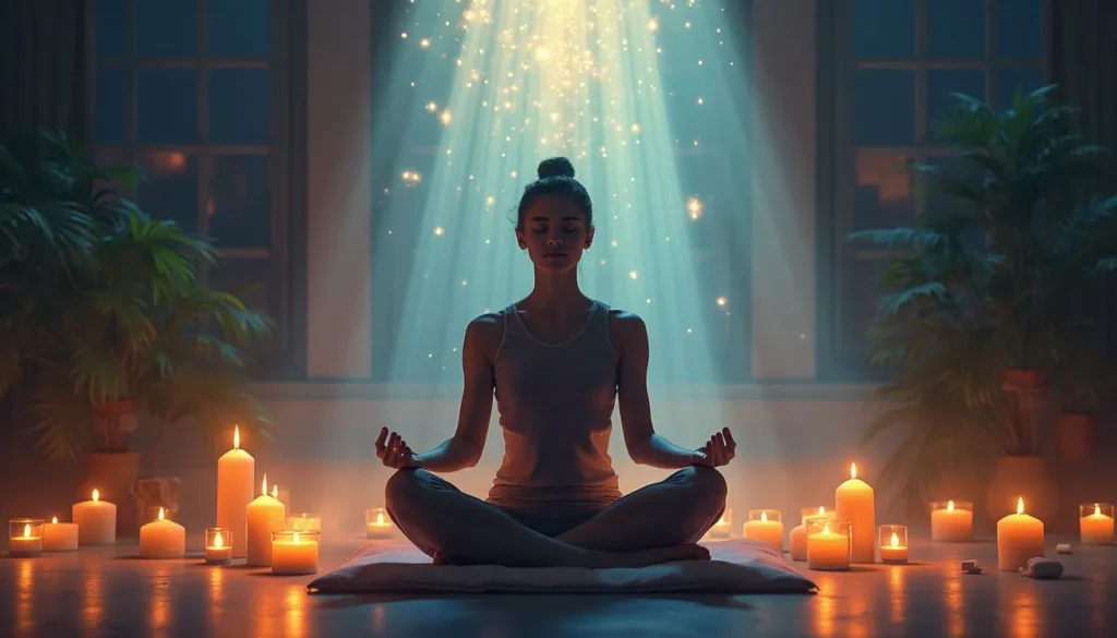 A serene, dimly lit room with soft, glowing candles and incense burning gently in the background. A person sits cross-legged on a cushion, eyes closed, in