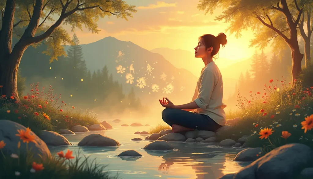 A serene and tranquil scene of a person meditating in a peaceful nature setting, surrounded by soft, glowing light. The background features calming element