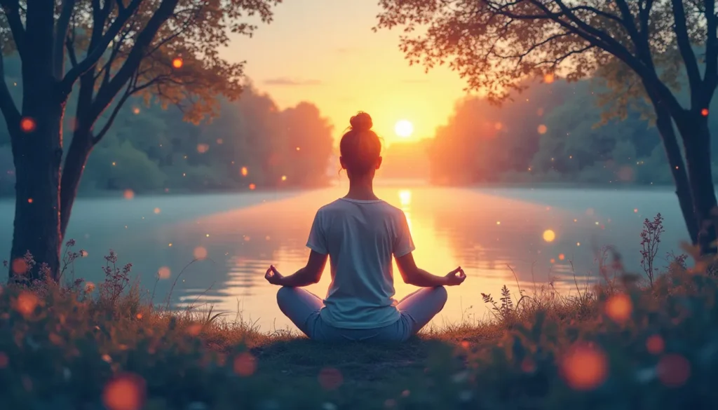 A serene scene featuring a person meditating in a peaceful natural setting, such as a forest or by a calm lake during sunrise. Soft, ethereal light surroun