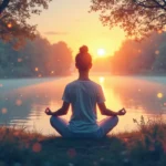 A serene scene featuring a person meditating in a peaceful natural setting, such as a forest or by a calm lake during sunrise. Soft, ethereal light surroun