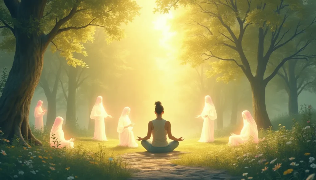 A serene, natural setting with a person meditating in a peaceful clearing surrounded by soft, ethereal light. Gentle, translucent figures representing spir