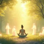 A serene, natural setting with a person meditating in a peaceful clearing surrounded by soft, ethereal light. Gentle, translucent figures representing spir