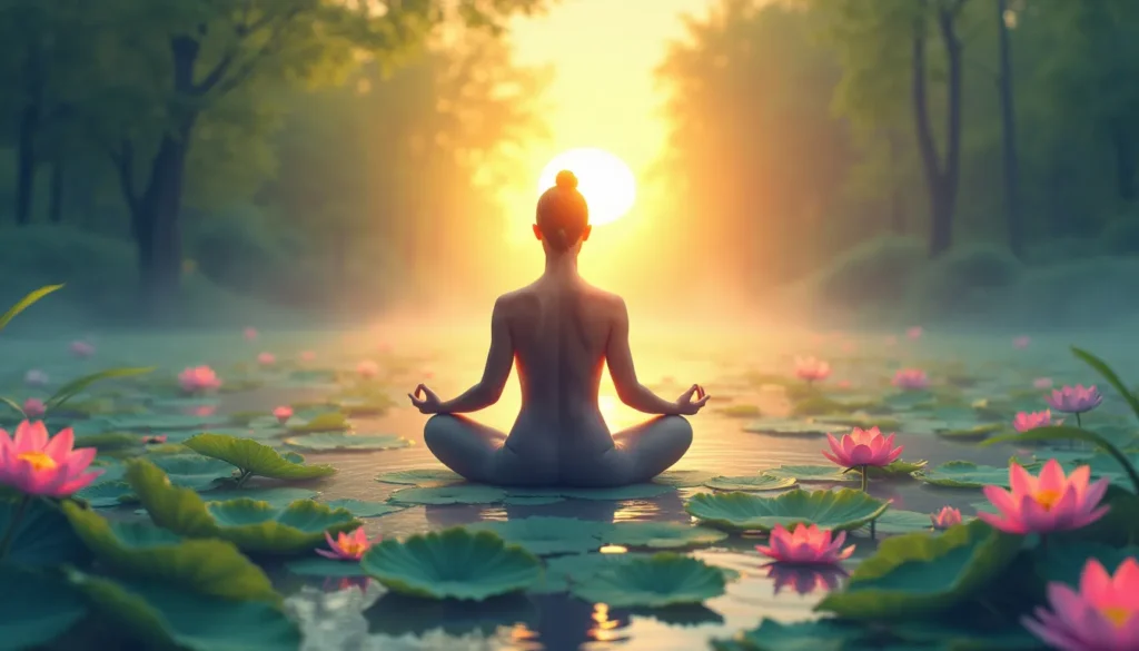 A serene figure sitting in the lotus position, surrounded by a soft, glowing aura, in a tranquil natural setting with a distant sunrise. The background inc