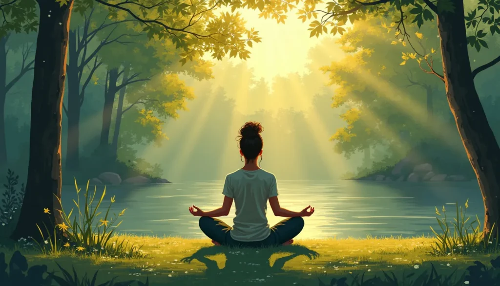 Create an image depicting a serene individual sitting cross-legged in meditation amidst a tranquil natural setting, such as a lush forest or by a calm lake