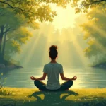 Create an image depicting a serene individual sitting cross-legged in meditation amidst a tranquil natural setting, such as a lush forest or by a calm lake