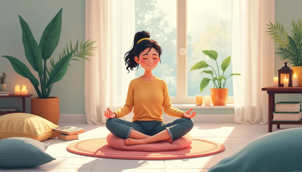 A serene scene of a person meditating in a peaceful, minimalist room. The individual sits cross-legged on a soft, inviting cushion with a gentle smile, sur