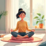 A serene scene of a person meditating in a peaceful, minimalist room. The individual sits cross-legged on a soft, inviting cushion with a gentle smile, sur