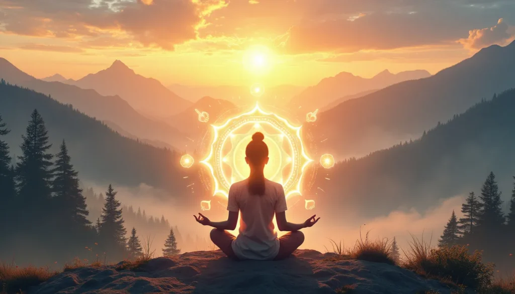 A serene scene of a meditator sitting in a lotus position on a tranquil mountain top at sunrise, surrounded by a soft, glowing aura. The meditator is envel