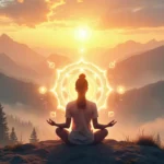 A serene scene of a meditator sitting in a lotus position on a tranquil mountain top at sunrise, surrounded by a soft, glowing aura. The meditator is envel