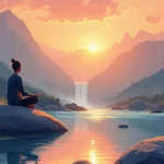 A serene natural landscape at sunrise, with a person sitting in a meditative pose on a large rock by a tranquil river. The individual is surrounded by soft