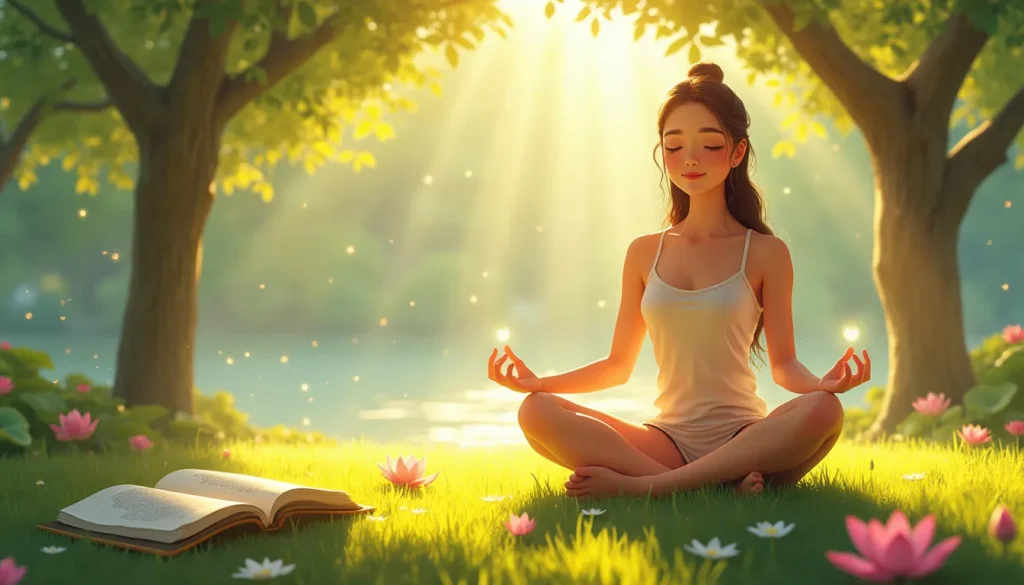 A serene individual sitting cross-legged in a peaceful, nature-filled environment, with rays of golden sunlight streaming through a canopy of trees. The pe