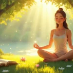 A serene individual sitting cross-legged in a peaceful, nature-filled environment, with rays of golden sunlight streaming through a canopy of trees. The pe