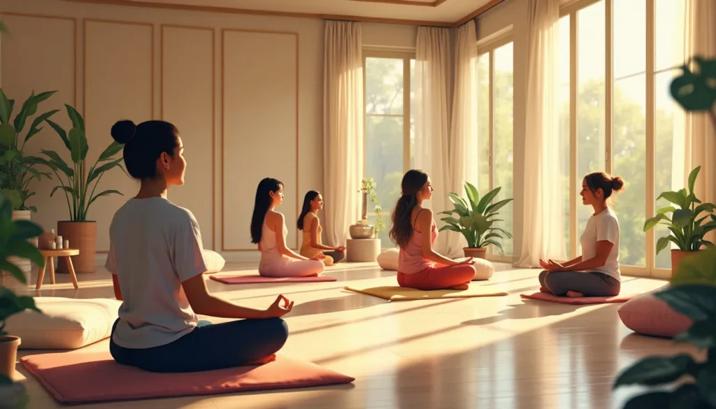 A serene meditation space bathed in soft, natural light featuring a diverse group of people sitting in peaceful meditation poses, with elements like soft c